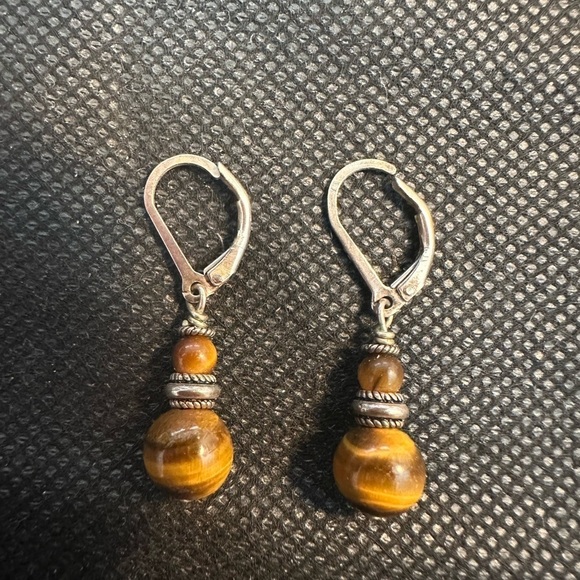 Sterling and Tigers Eye Dangle Earrings - Picture 4 of 4